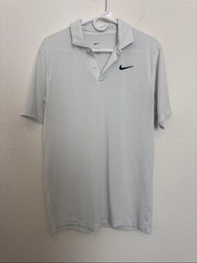 Nike Men’s Dri-Fit White & Light Gray Thin-Striped Polo with Black Swoosh